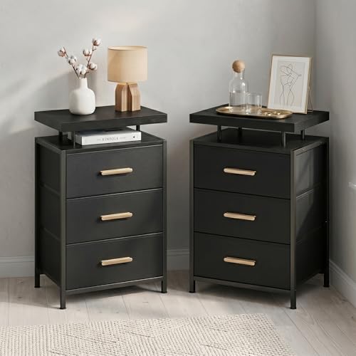 DreamDashio Nightstand Set of 2 with LED Lights, 3 Fabric Storage Drawers with PU Finish, Floating Top Design, Bedside Table with Open Shelf, End Table for Bedroom, Living Room, Office Black - color: Black (2 Pack)