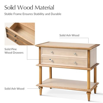 HULALA HOME Farmhouse Nightstand Set of 2 with Drawer & Open Shelf, Natural Wood End Table with Solid Wood Legs, 28.4'' Wide Sofa Side Table with Charging Station(Oak) - color: Oak-s2