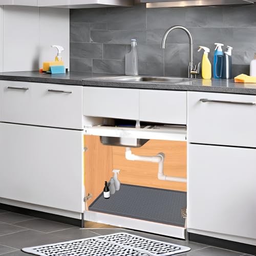 Under Sink Mat 22 x 22, Silicone Under Sink Liner for Kitchen Waterproof Bathroom Cabinet Mat, Grey - color: Gray, size: 22"W x 22"L