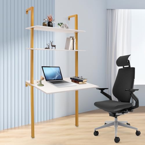 2-Shelf Industrial Wall Mount Ladder，Wall Mount Computer or Writing Desk, Computer Laptop Desk with Shelves, Wall Table Floating Desk with Storage for Home Office, Gold, (20" Dx30 Wx72.8 H) - color: Gold/ White