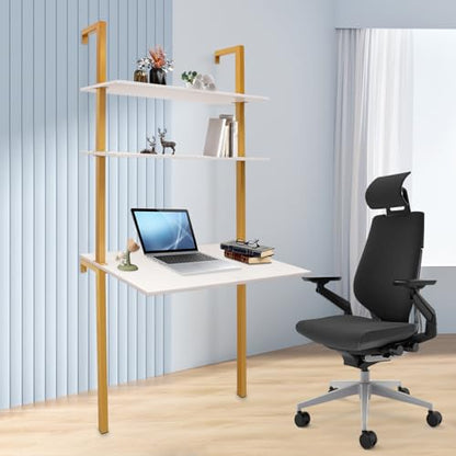 2-Shelf Industrial Wall Mount Ladder，Wall Mount Computer or Writing Desk, Computer Laptop Desk with Shelves, Wall Table Floating Desk with Storage for Home Office, Gold, (20" Dx30 Wx72.8 H) - color: Gold/ White