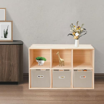 6-Cube Solid Wood Bookshelf, 2-Tier Storage Organizer Semi-Open Floor Display Shelf Closet Cabinet with 3 Baskets for Home Office Library School, 12" D x 35" W x 24" H - size: 6-Cube, with Baskets