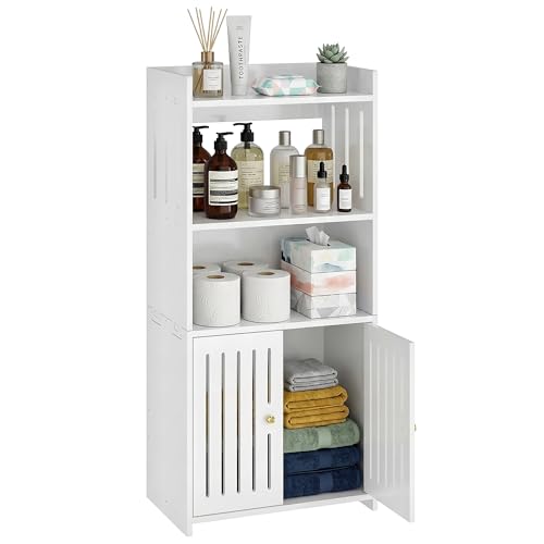 HAYOFAMY 4-Tier Bathroom Storage Cabinet 8.7" D x 14.2" W x 29.5" H | White Floor Cabinet, Freestanding Organizer with Door, for Living Room Kitchen Small Space, PVC Material - size: 4-Tier Floor