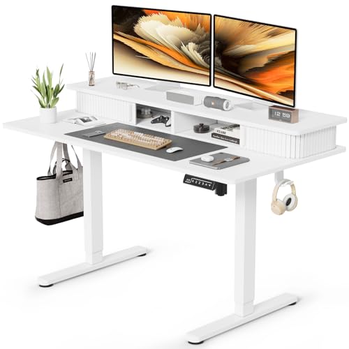 JOY worker Height Adjustable Electric Standing Desk with Storage Shelves, 48 Inch Table with Built-in Monitor Stand, Sit Stand Desk with 2 Hooks for Home Office, White - color: White, size: 48inch