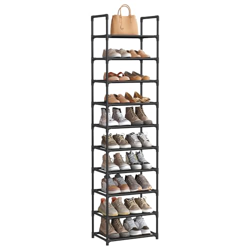 SONGMICS Shoe Rack, 10-Tier Shoe Shelf, Shoe Storage Organizer, 11 x 17.7 x 68 Inches, Metal Frame, Non-Woven Fabric Shelves, for Entryway, Bedroom, Black ULSH010B02 - color: Black, size: 11"D x 17.7"W