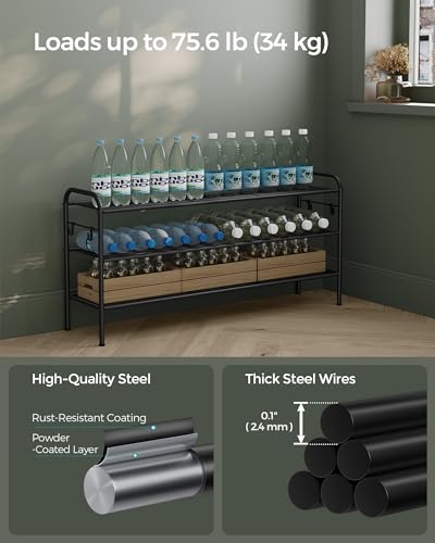 SONGMICS Shoe Rack, 3-Tier Shoe Organizer, Metal Shoe Shelf Storage with 4 Side Hooks, Holds 16 Pairs of Shoes, Height-Adjustable Shoe Rack for Entryway, Hallway, Closet, Ink Black ULMR138B01 - size: 3 Tiers (33.5"W)