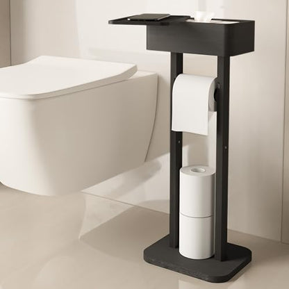 4-in-1 Black Toilet Paper Holder Stand with Storage Shelf Box, 360° Rotating Bamboo Free Standing Toilet Tissue Roll, Toilet Wipes Dispenser Organizer, Temporary Desktop for Bathroom (Patent) | 360° Rotating Bamboo Free Standing Toilet Tissue Roll, Toilet