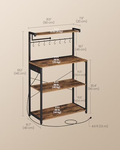 VASAGLE BARNET Collection - Kitchen Bakers Rack with Power Outlet, 31.5-Inch Wide Coffee Bar 4-Tier with 8 S Hooks, Modern Microwave Stand, Adjustable Shelf, Rustic Brown and Ink Black UKKS029KD01 - color: Rustic Brown + Ink Black, size: 31.5"W