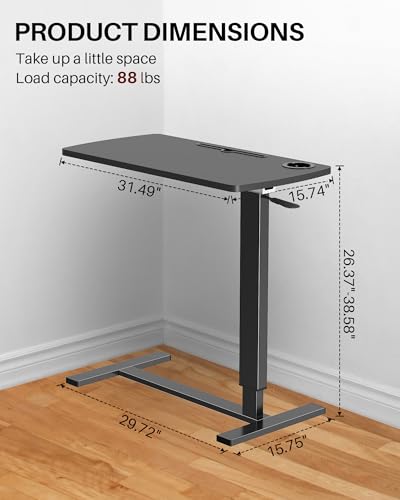 Foldable Overbed Table with Wheels, Pneumatic Adjustable Desk | 31.5 X 17.7 In Desktop with Cup Holders and Tablet Slot, Hidden Casters, 88 Lbs Capacity, Installs on Either Side of Bed - color: Black