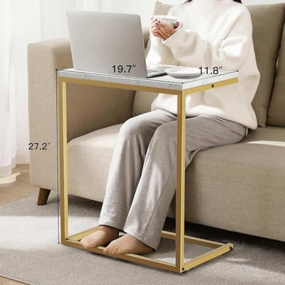 Pipishell C Shaped End Table 27 inches High, Side Table with Modern Marbling Wood Table Top for Couch Slide Under, C Table Sofa Side End Table for Living Room - color: White