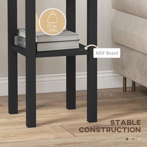 HOMCOM Narrow End Table with Drawer and Bottom Shelf, Slim Side Table for Small Spaces, Skinny Modern Accent Desk for Living Room, Set of 2, Black - color: Black