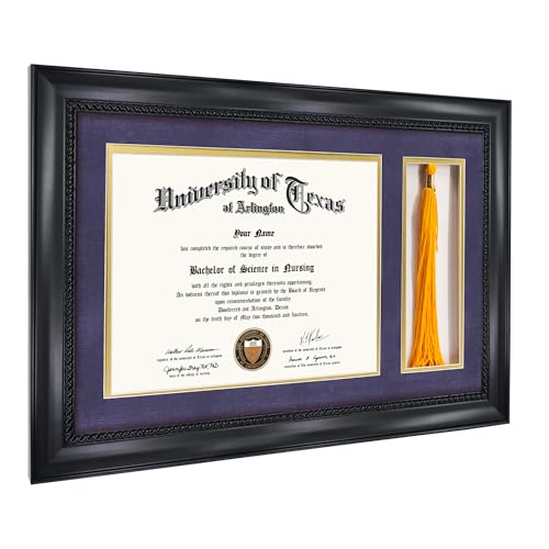 GMFrames 8.5x11 Diploma Frame with Tassel Holder, Solid Wood & Tempered Glass, Purple over Gold Mat, Black Finish with Intricate Black Rope Detail - color: Black / Purple Gold Mat, size: 11x17 for 8.5x11 with Tassel