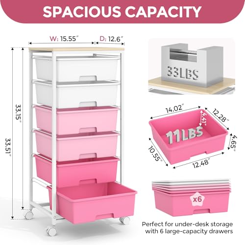 Rolling Storage Cart with 6 Drawers and Wooden Tabletop, Lockable Wheels Utility Cart for Art Studios, Office Supplies & Craft Room Organization (Pink) - color: Pink