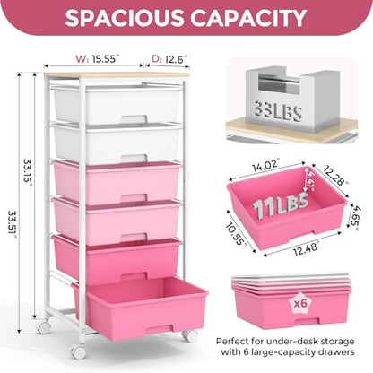 Rolling Storage Cart with 6 Drawers and Wooden Tabletop, Lockable Wheels Utility Cart for Art Studios, Office Supplies & Craft Room Organization (Pink) - color: Pink