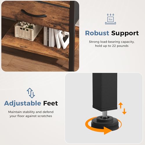 DUMOS Nightstands Set of 2 with Charging Station, Bedside Table with 1 USB-A, 1 USB-C & 2 AC Outlets, Fabric Drawer with Adjustable Open Shelf, Compact End Table for Bedroom, Rustic Brown - color: Rustic Brown, size: 15.7"Dx11.8"Wx23.4"H(1 Drawer, 2 Pack)