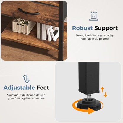 DUMOS Nightstands Set of 2 with Charging Station, Bedside Table with 1 USB-A, 1 USB-C & 2 AC Outlets, Fabric Drawer with Adjustable Open Shelf, Compact End Table for Bedroom, Rustic Brown - color: Rustic Brown, size: 15.7"Dx11.8"Wx23.4"H(1 Drawer, 2 Pack)