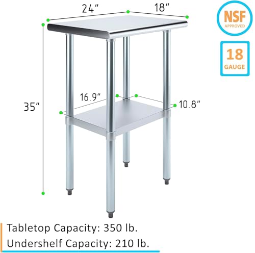 18" x 24" Stainless Steel Prep Table – NSF Certified Heavy Duty Work Table for Home & Commercial Use – Galvanized Undershelf & Legs - size: 24x18