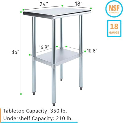 18" x 24" Stainless Steel Prep Table – NSF Certified Heavy Duty Work Table for Home & Commercial Use – Galvanized Undershelf & Legs - size: 24x18