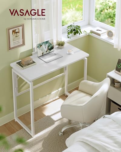 VASAGLE Folding Desk, Foldable Computer Desk, One-Piece Desktop, Rounded Edges, Small Folding Craft Table for Bedroom, Balcony, Camping, Easy Assembly, 31.5 x 15.7 Inches, Matte White ULWD151WF01 - color: Matte White, size: 31.5"