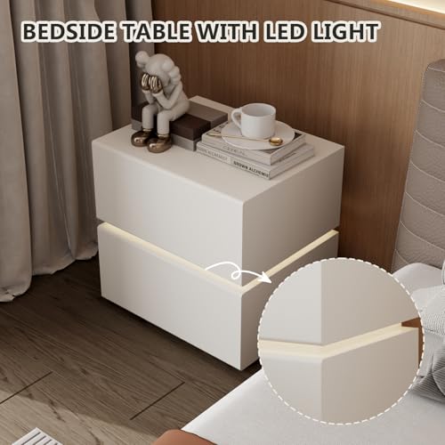 Modern Nightstand with Lights Strip, Leather Wrapped Bedside Table with 2 Drawers, Small Night Stands for Bedroom, End Table, Side Table, No Assembly Required (White, Light Drawers) - size: Light Drawers