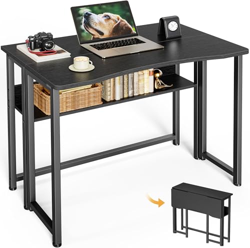 Huuger Folding Desk with Storage Shelf, 31.5 Inch Foldable Computer Table for Small Spaces, Space Saving Sofa Table for Couch, Writing Work Office Computer Desk, Easy to Fold, Black - color: Black, size: 18.5"D x 31.5"W
