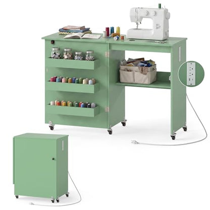 Giantex Folding Sewing Table with Charging Station, Storage Trays & Shelf | Rolling Craft Table with Lockable Wheels, Foldable Sewing Machine Cabinet Desk for Small Spaces, Dorms, Sage - color: Sage