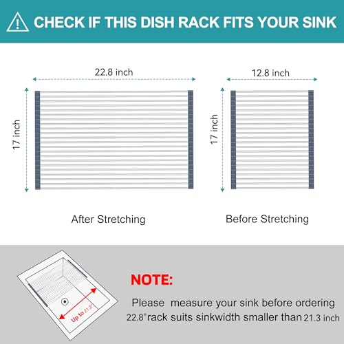 BBXTYLY Extra Large Expandable Roll Up Dish Drying Rack,Over The Sink Drying Rack Sink Cover Kitchen Sink Accessories Kitchen Rolling up Stainless Steel Drainer, Foldable,Rollable（Grey，22.8'-17.3''） - color: Gray, style: 22 tubes,expandable