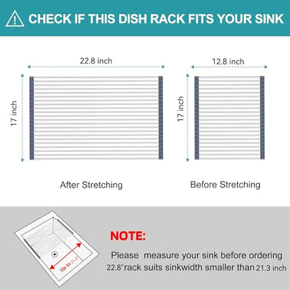 BBXTYLY Extra Large Expandable Roll Up Dish Drying Rack,Over The Sink Drying Rack Sink Cover Kitchen Sink Accessories Kitchen Rolling up Stainless Steel Drainer, Foldable,Rollable（Grey，22.8'-17.3''） - color: Gray, style: 22 tubes,expandable