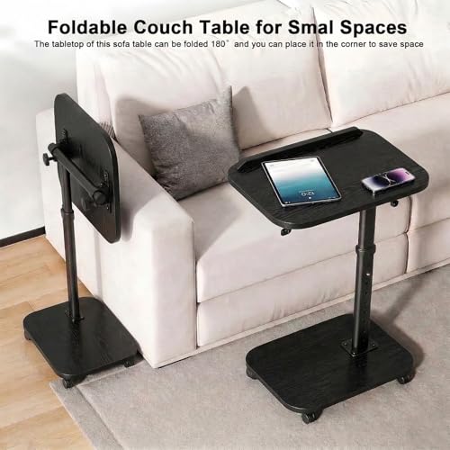 C Table End Table Adjustable Height, Rolling TV Tray Table for Small Spaces 180° Flip-Over Panel & 360° Swivel Casters,C Shaped Side Tables for Couch for Living Room/Bedroom/Bed/Sofa/Chair/Snack-Black - color: Black
