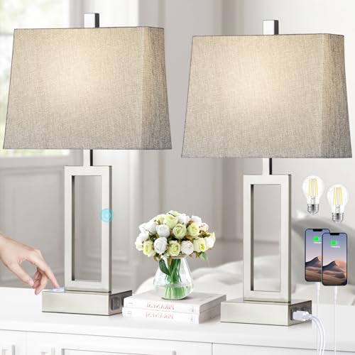 Rinweey 23.5" Touch Control Table Lamps Set of 2, Modern Silver Bedside Lamps with USB A+C Ports & AC Outlet, 3 Way Dimmable Contemporary Nightstand Lamps for Bedroom Living Room(2 LED Bulb Included) - color: Silver
