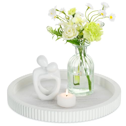 Hanobe White Decorative Coffee Table Tray, Scalloped Edge | 12" round wood centerpiece tray. Ideal for living room, entryway table, kitchen island. Fits modern farmhouse decor. - color: White
