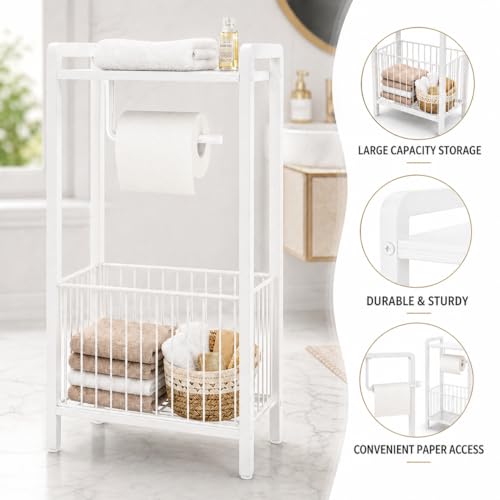 Bathroom Toilet Paper Holder Stand with Storage Basket and Top Shelf, Free-Standing Toilet Tissue Organizer for Small Bathrooms, Metal Toilet Paper Rack with Magazine Holder – White - color: White
