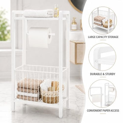 Bathroom Toilet Paper Holder Stand with Storage Basket and Top Shelf, Free-Standing Toilet Tissue Organizer for Small Bathrooms, Metal Toilet Paper Rack with Magazine Holder – White - color: White