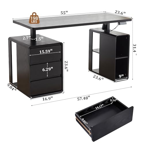 Electric Standing Desk with Drawers, 55" Office Desk Height Adjustable Executive Desk with Storage Shelves, Simple Setup Wood Desk Home Office Stand up Desk for Work, Study, Writing, Black - color: Black