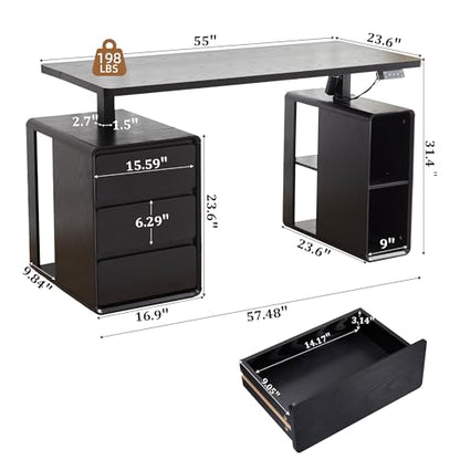 Electric Standing Desk with Drawers, 55" Office Desk Height Adjustable Executive Desk with Storage Shelves, Simple Setup Wood Desk Home Office Stand up Desk for Work, Study, Writing, Black - color: Black