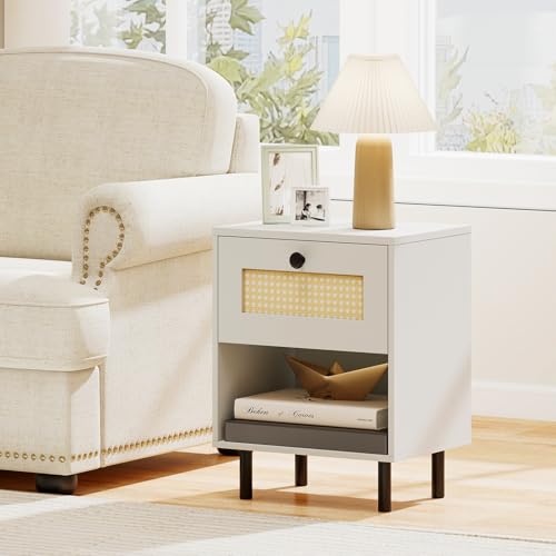 Giantex Rattan Nightstand with Drawer, Modern Bed Side Table w/ 4 Metal Legs and Open Storage Shelf, Wood Boho End Table for Small Spaces, White Night Stand for Bedroom Office - color: White