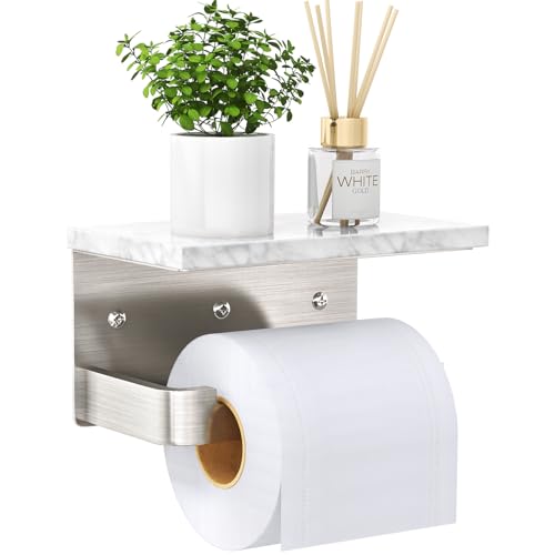 Gypie Toilet Paper Holder with Shelf, Extended Base Wall Mounted, Marble Toilet Roll Holder Brushed Nickel for Bathroom Washroom - color: Brushed Nickel, size: Marble