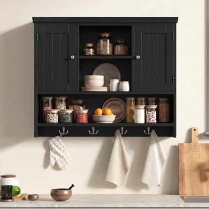 Bathroom Wall Cabinet with Doors and Hooks, 3-Tier Wall Mounted Cabinet | Modern Medicine Cabinet with 3 Open Shelves, Over the Toilet Storage Cabinet for Kitchen, Laundry Room, Living Room, Black - color: Black