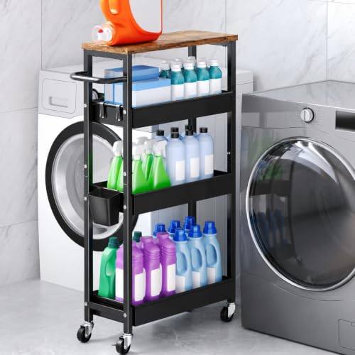 4 Tier Slim Rolling Storage Cart, Metal Narrow Kitchen Cabinet with Wheels, Laundry Room Organization and Storage Shelf for Between Washer and Dryer, 8In Skinny Detergent Organizer for Small Space - color: Matte Black, size: 4 Tier