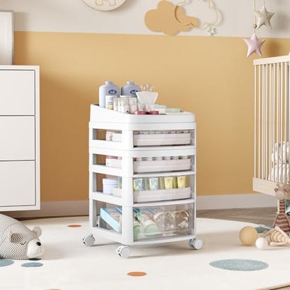 Rolling Cart with 4 Drawers, Clear Plastic Drawer Organizers, Dust Proof Under Desk Storage for Makeup, Skincare, Art Crafts and Baby Items, Acrylic Cosmetic Organizer with Dividers, Vanity Cart - size: 4 Tier