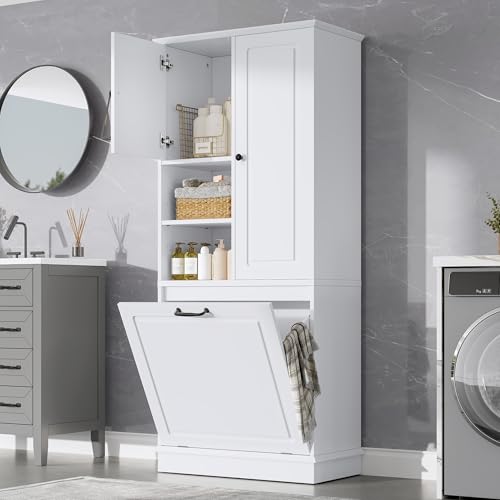 Tall Storage Cabinet, Bathroom Floor Freestanding Storage Cabinet with Doors, Adjustable Shelf, and Large Flip-Out Basket for Bathroom, Office, Living Room, White - color: White/Adjustable Shelf