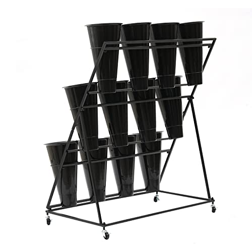 Flower Display Stand with 12 Black Round Buckets, 3 Layers Black Metal Plant Stand with Wheels, Moving Florist Bouquet Shelf for Fresh Flowers Shop Patio Garden Outdoor Flower Pop-Up Events
