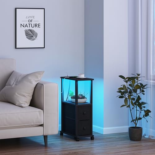 TUTOTAK Small Narrow End Tables, LED Side Tables with 2 Fabric Drawers, Set of 2, Bedside Tables with Charging Station for Small Spaces, Slim Nightstands with USB Ports and Wheels, TB01BK053L - color: Black, style: with LED Light & Outlets