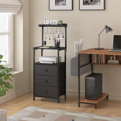 sthmec Bedside Tables Tall Nightstands with Charging Station, LED Bedside Table for Bedroom - 3 PU Fabric Drawers, Hooks, Black - color: Black, style: 3 Darwers