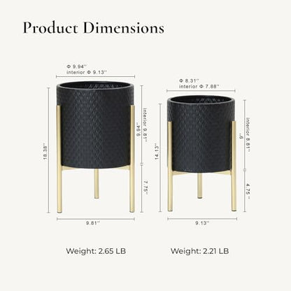 LuxenHome 2-Piece Diamond Pattern Round Metal Cachepot Planter Set, Black Planter with Gold Stands Set of 2 Indoor Plant Pots Large Floor Plant Pot for Plants, NOT Waterproof - color: Black