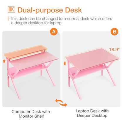 ODK Small Desk, 27.5 Inch Computer Desk for Small Spaces, Study Desk with Storage & Monitor Stand, Pink - color: Pink