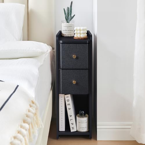 Narrow Nightstand Set of 2, Wooden Small 2 Drawer Nightstand, Slim Side End Table, Skinny Bedside Table, Mid Century Modern Night Stand with Drawers for Bedroom (Black-2 pcs) - color: Black-2 Pcs