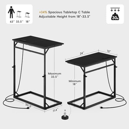 Vagusicc C Shaped End Table with Charging Station, C-Table End Table Adjustable Height Side Table for Couch, Large Couch Tables,Slide Under Sofa Tables TV Tray Arm Tables for Living Room,Bedroom,Black - color: Black, style: With Plug