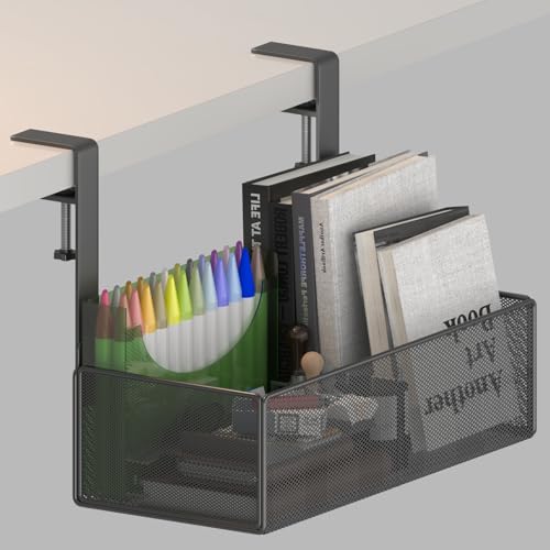 orbixa Under Desk Storage Organizer Clamp-On,Mesh Metal 3-IN-1 Desk side storage - Use on desk,under table or as a hanging wall organizer for office supplies & home& school essentials (black color) - color: black color