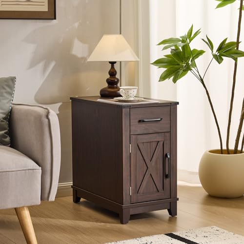 EROMMY Farmhouse End Table with Charging Station, Narrow Side Table for Living Room, Nightstand with Drawer and Storage Cabinet, Adjustable Shelf, Choco - color: Choco